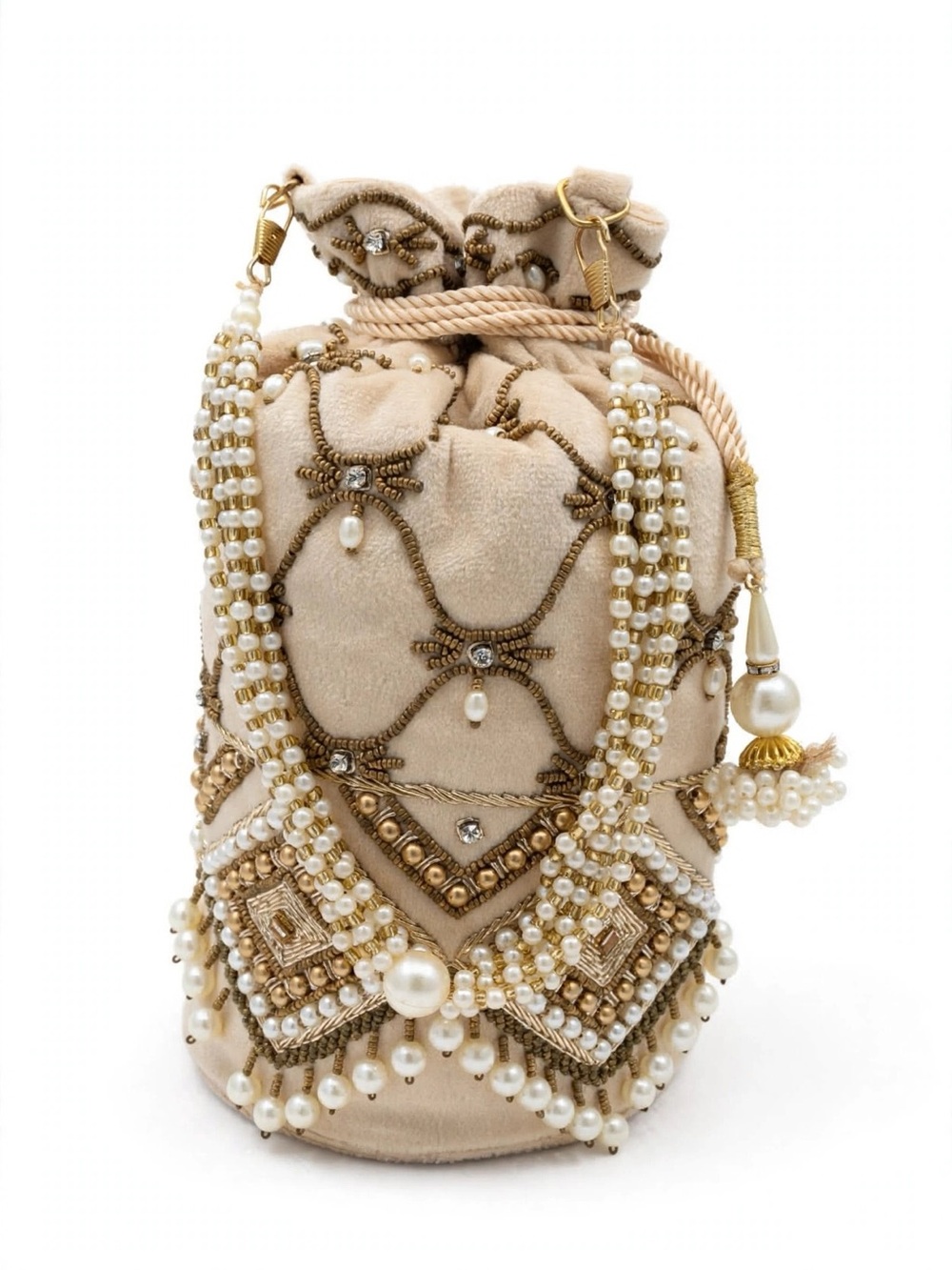 Beige Pearl Potli Bag Bridal Wedding Clutch Eid Party Gift